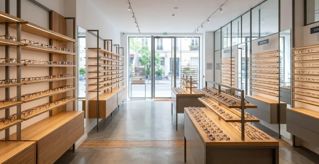 Vue large d'une boutique d'optique moderne avec présentoirs de lunettes, rayonnages organisés et lumière LED douce