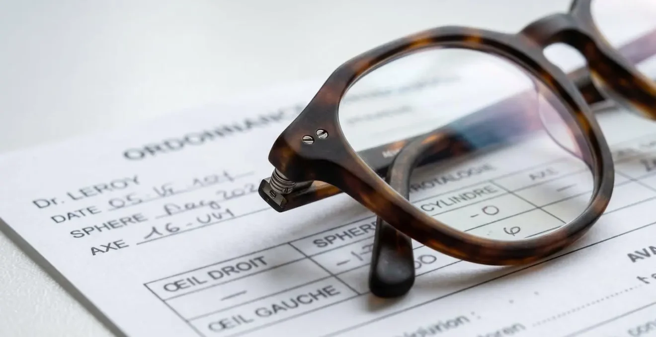 Gros plan sur une paire de lunettes modernes posée sur une ordonnance médicale aux caractères flous