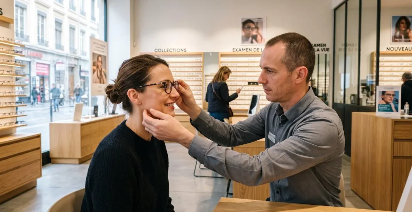 Un opticien ajuste des lunettes sur le visage d'un client vu de profil dans une boutique lumineuse