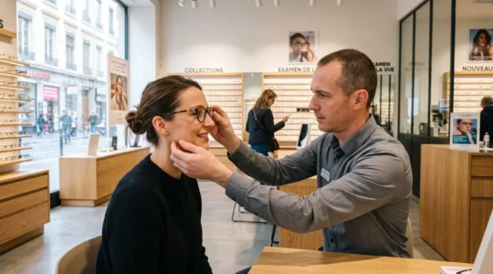 Un opticien ajuste des lunettes sur le visage d'un client vu de profil dans une boutique lumineuse